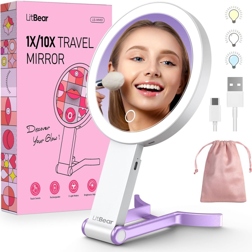LitBear Travel Makeup Mirror with Light, Rechargeable Double-Sided 10X/1X Magnifying Mirror, Portable Lighted Beauty Mirror, 3 Color Lighting, Dimmable Touch Screen, Tabletop Handhold Hanging (Purple)