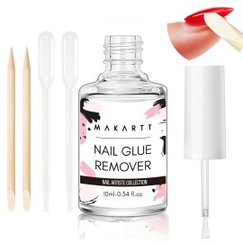 Makartt Press On Nail Glue Remover 10ML Fast and Easy Removal Debonder with 2 Dropper Applicators, 2 Wooden Sticks for Quick Glues, Press-On Nail, Solid Glue, Semi-Cured Sticker, Adhesive Tabs