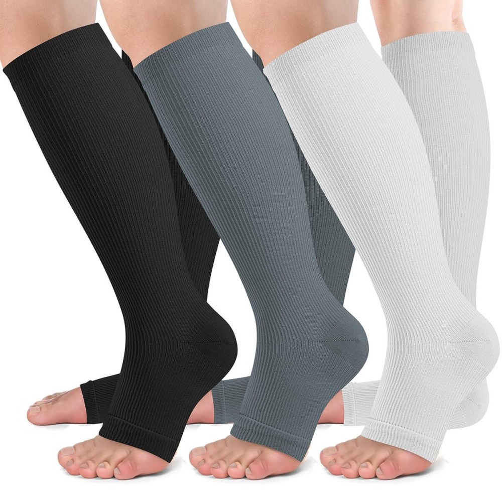 bropite Open Toe Compression Socks for Men & Women - 3 Pairs of 15-20 mmhg Knee High Stockings for Circulation Support