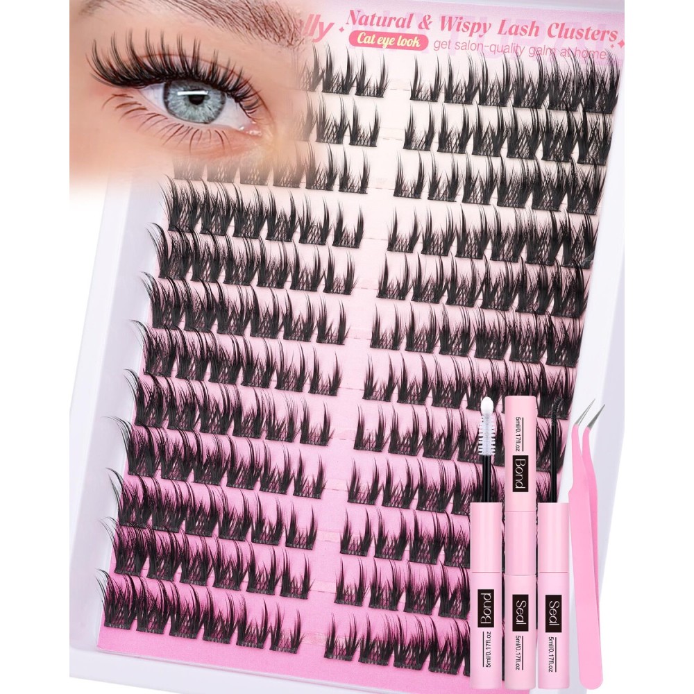 Cat Eye Lash Clusters Kit Eyelash Clusters Kit Natural Look Wispy Eyelash Extension Kit Manga Cluster Lashes Kit D-curly DIY Lash Extension 9-16MM Fox Eye Lashes by Newcally