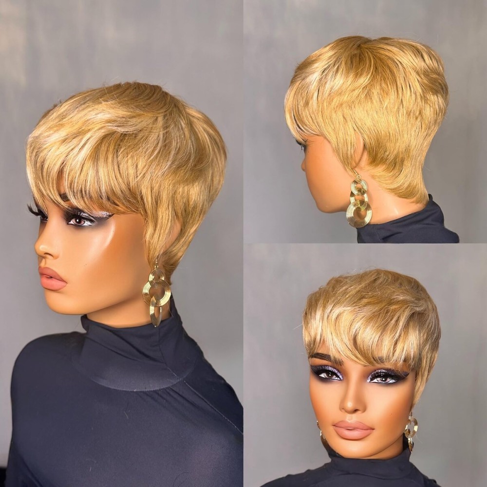 PangDongLai Chic Elegent Pixie Cut Wigs for Women Short layered Pixie Human Hair Wigs With Bangs 27/613 Blonde Color Glueless Short Human Hair Wig Full Machine Made for Daily Use