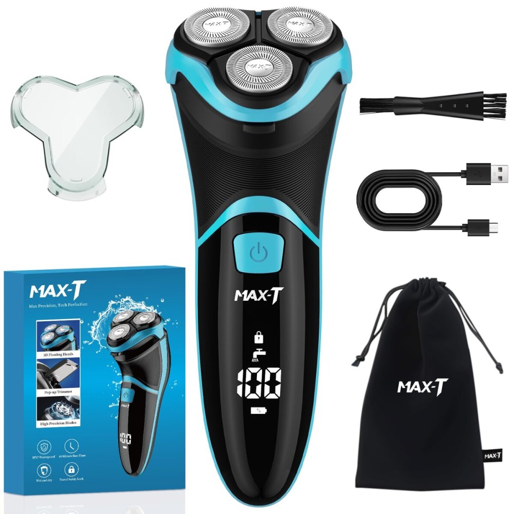 MAX-T Electric Razor for Men with Pop-Up Trimmer, IPX7 Waterproof Electric Shaver, 3D Rotary Shaver, Rechargeable Cordless Shavers for Men, Type-C, 120Mins Runtime, Plug & Play