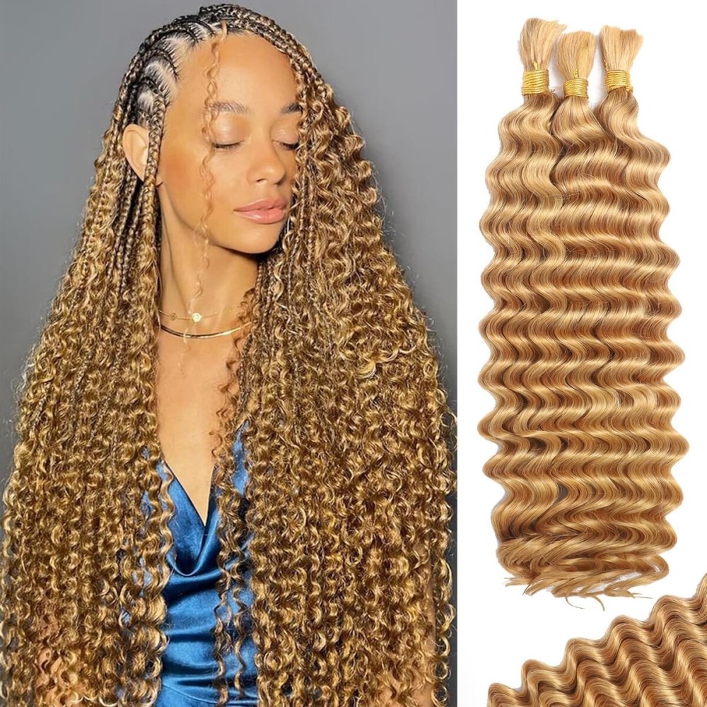Human Braiding Hair for Boho Braids Human Hair 110g 18 Inch Curly Boho Hair for Braiding Knotless 12A Deep Wave Bohemian 3 Bundles/Pack Caramel Honey Blonde