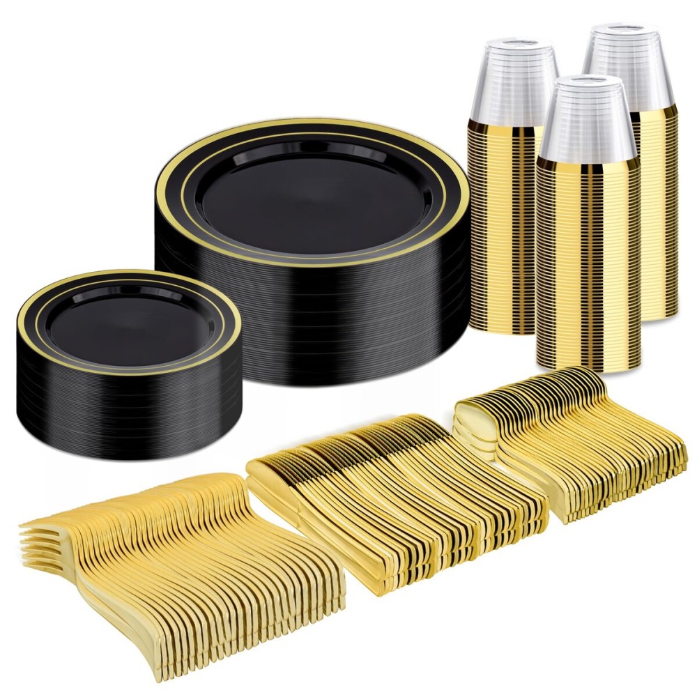 BESTVIP 300PCS Black Gold Dinnerware Set for 50 Guests, Plastic Plates for Halloween Party and Christmas, 50 Disposable Plates, 50 Dessert Plates, 50 Cups, 50 Spoons, 50 Forks and 50 Knives