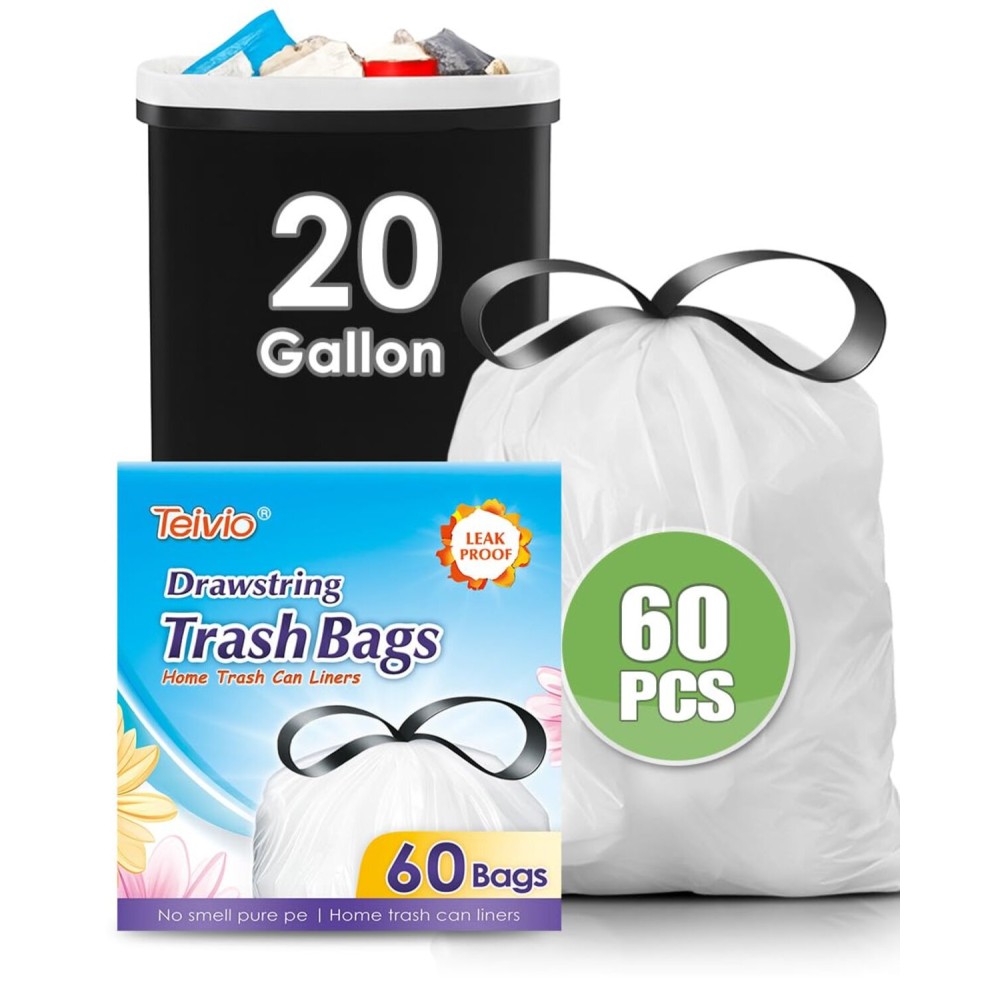 Teivio 20 Gallon 60 Counts (fit 18-20 Gal) Large Drawstring Trash Bags Strong Tall Kitchen Compactor Bags Garbage Bags for Home/Office/Light Residential Waste/Outdoor Trash Can, LawnTrash Bags White