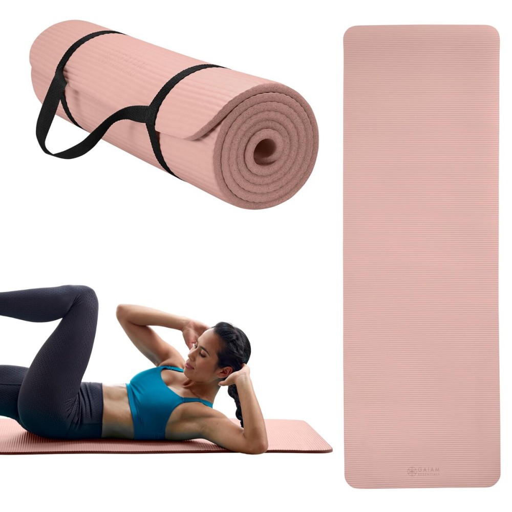 Gaiam Essentials Thick Yoga Mat Fitness & Exercise Mat with Easy-Cinch Carrier Strap,French Rose,72L X 24W X 2/5 Thick, 10mm
