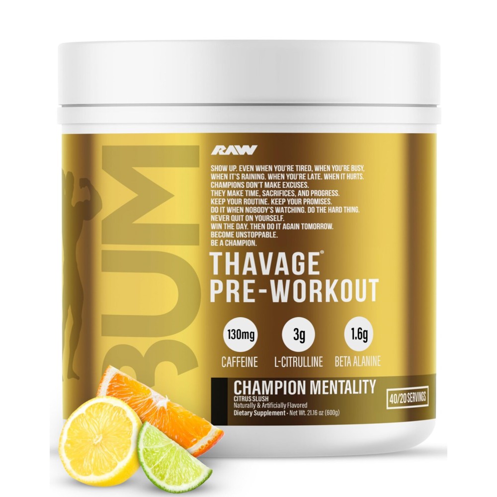 RAW Pre Workout Powder, Thavage (Champion Mentality) - Chris Bumstead Sports Nutrition Supplement for Men & Women - Cbum Pre Workout for Working Out, Hydration, Mental Focus & Energy - 40 Servings