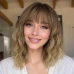 Nnzes Short Wavy Bob Wig with Bangs for Women Shoulder Length Curly Brown Ombre Blonde Synthetic Heat-Resistant Fiber Hair for Daily & Party Use