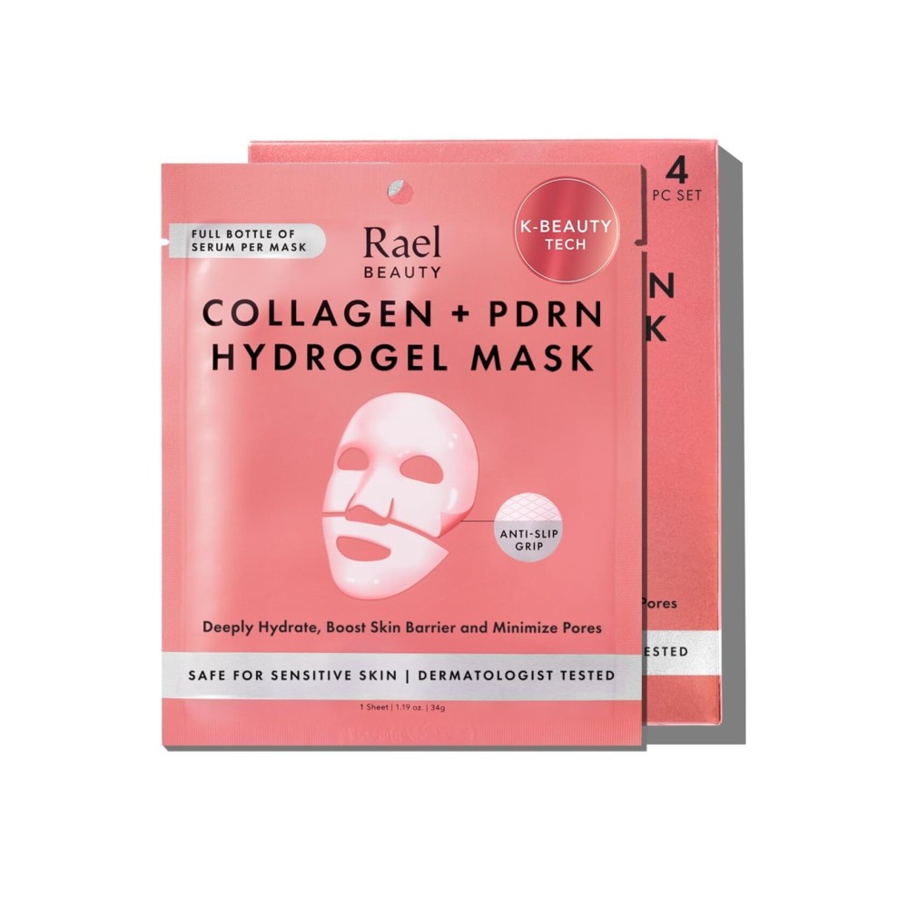 Rael Collagen PDRN Hydrogel Face Masks - Deep Hydration with Salmon PDRN, Collagen, Peptide, and Hyaluronic Acid, Anti-Slip, Korean Skin Care (4 Count)