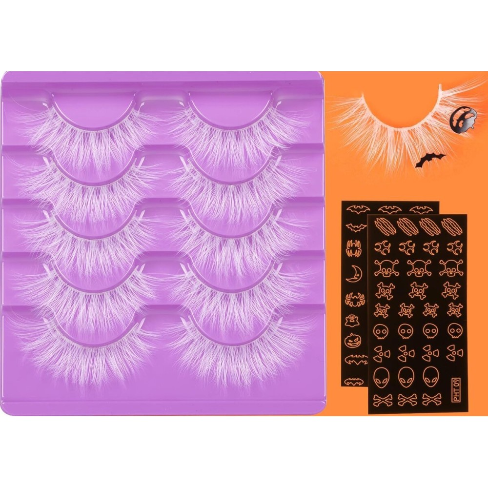 White Colored Lashes Cat Eye Halloween Custome White Lashes Clear Band Faux Mink Eyelashes Fluffy Dramatic Cosplay Lash for Party