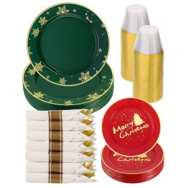 Goodluck 175 Piece Christmas Plates Sets for 25 Guests, Christmas Tableware Disposable for Party, Include 50Plates, 25Pack Pre Rolled Napkins with Silverware, 25Cups for Party, Wedding, Graduation