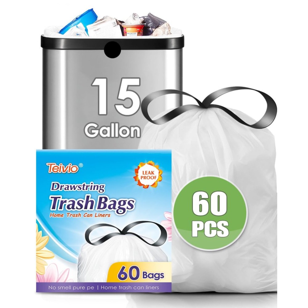 Teivio 15 Gallon 60 Counts Strong Tall Kitchen Drawstring Trash Bags, Medium Plastic Garbage Bags for Home Kitchen Office Garden Outdoor Tall Trash Can, Waste Bin Liners White