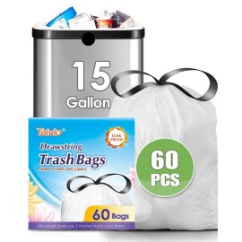 Teivio 15 Gallon 60 Counts Strong Tall Kitchen Drawstring Trash Bags, Medium Plastic Garbage Bags for Home Kitchen Office Garden Outdoor Tall Trash Can, Waste Bin Liners White