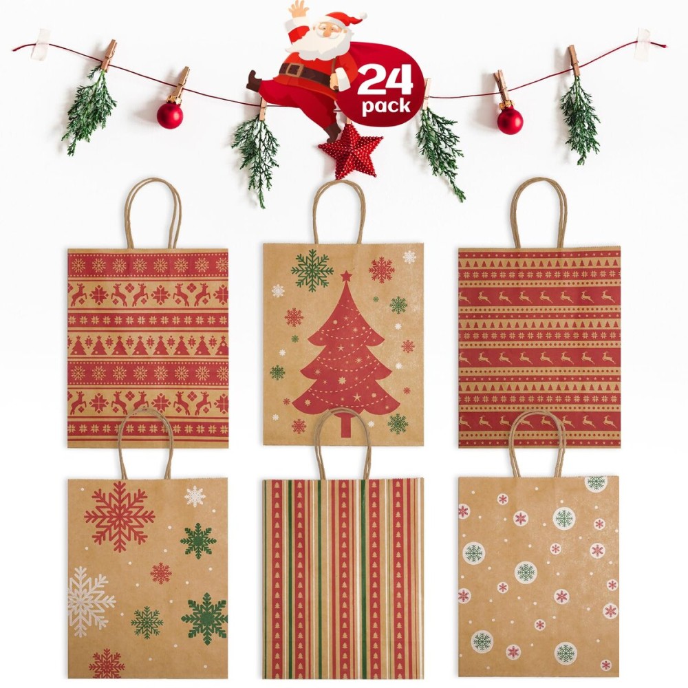 GSSUSA 24Pcs Christmas Gift bags 8.6x7x3.3\'\' Kraft Paper Bag with Handles, Assorted Designs Christmas Craft Bags,Sturdy Xmas Party Favors Bags, Holiday, Goodie, Treat, Retail Shopping bag