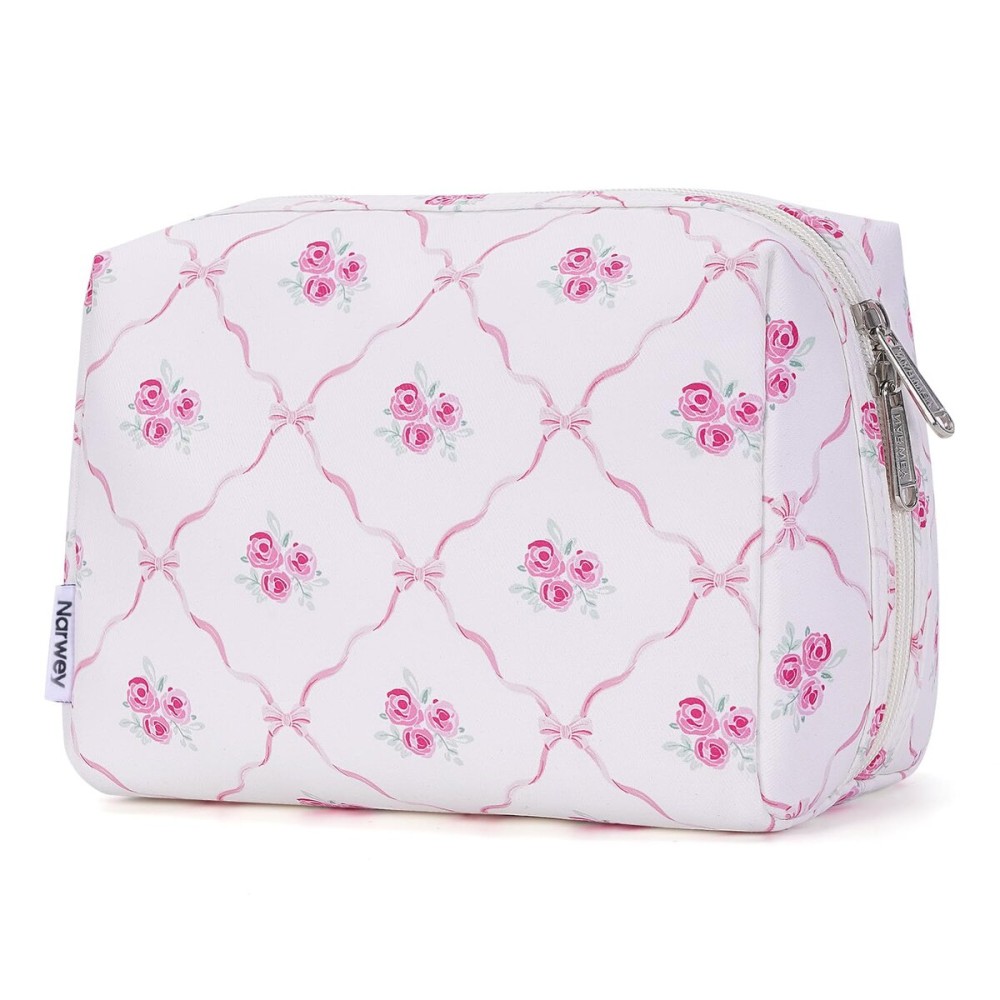 Narwey Makeup Bag Travel Cosmetic Bag Organizer Toiletry Bag Make Up Bags with Compartments for Women Girls (Bowknot and Flower)