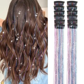 Hair Tinsel Pack of 12 Pcs Clip in Hair Tinsel Colorful Glitter Tinsel Hair Extensions Tinsel Fairy Hair Party Dazzle Hair Accessories Strands Kit for Women(24 Inch,Colorful)
