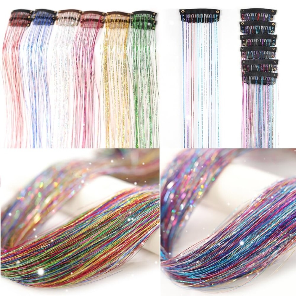 Six Color Hair Tinsel Pack of 24 Inch Clip in Hair Tinsel Colorful Glitter Tinsel Hair Extensions Tinsel Fairy Hair Party Dazzle Hair Accessories Strands Kit(6 Pcs Colorful+6 Pcs Six Color)