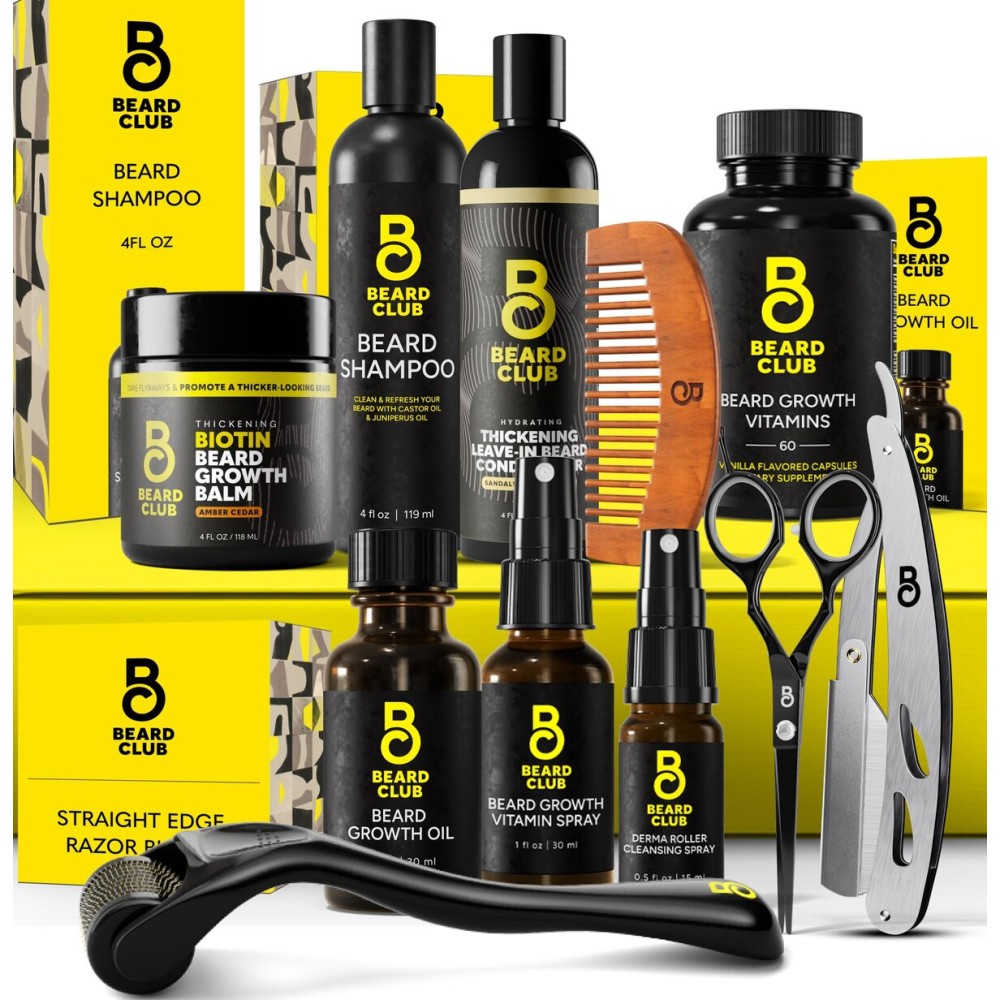 The Beard Club Titanium Beard Growth Kit - Derma Roller, Growth Oil, Vitamins, Vitamin Spray, Biotin Balm, Thickening Conditioner, Shampoo, Straight Razor, Scissors, Comb, Cleansing Spray - Gift Set