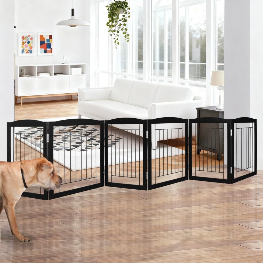 ZJSF Freestanding Foldable Dog Gate for House Extra Wide Wooden Black Indoor Puppy Gate Stairs Dog Gates Doorways Tall Pet Gate 6 Panels Fence