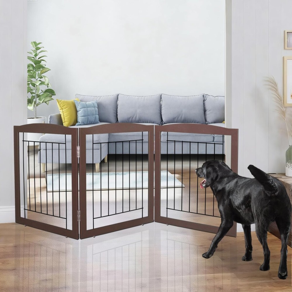 ZJSF Freestanding Foldable Dog Gate for House Extra Wide Wooden Brown Puppy Gate Stairs Dog Gates Doorways Tall Pet Gate 24 Height 3 Panels Pet Fence