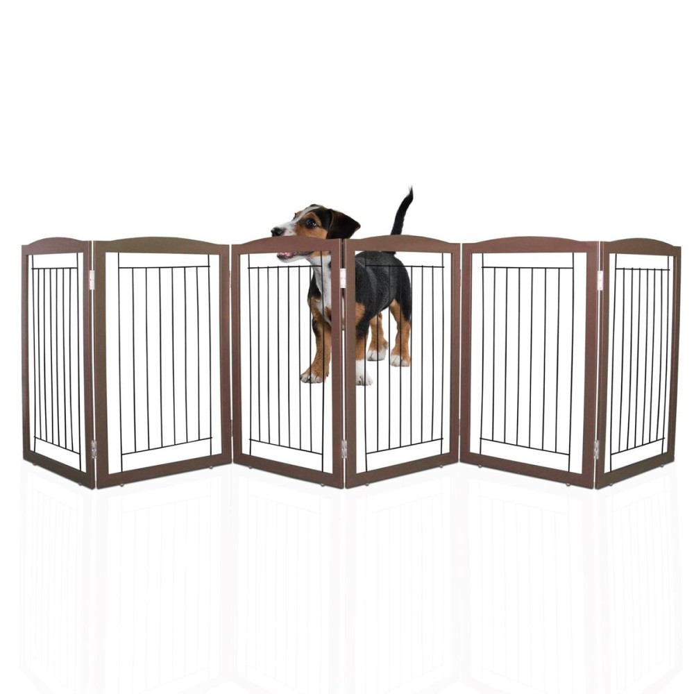 ZJSF Freestanding Foldable Dog Gate for House Extra Wide Wooden Brown Puppy Gate Stairs Dog Gates Doorways Tall Pet Gate 32 Height 6 Panels Pet Fence