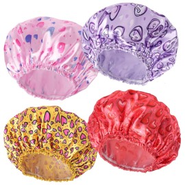 4 PCS Shower Cap for Women, Elastic and Reusable Bath Caps, Double Layers Shower Caps Reusable Waterproof, Bathing Shower Caps, Environmental Bath Hair Protection Cap - Heart