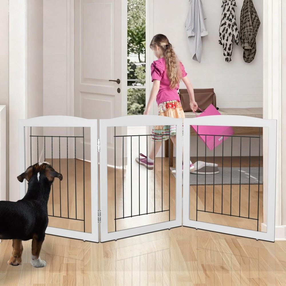 ZJSF Freestanding Foldable Dog Gate for House Extra Wide Wooden Grey Puppy Gate Stairs Dog Gates Doorways Tall Pet Gate 24 Height 3 Panels Pet Fence
