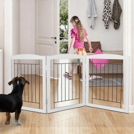 ZJSF Freestanding Foldable Dog Gate for House Extra Wide Wooden Grey Puppy Gate Stairs Dog Gates Doorways Tall Pet Gate 24 Height 3 Panels Pet Fence