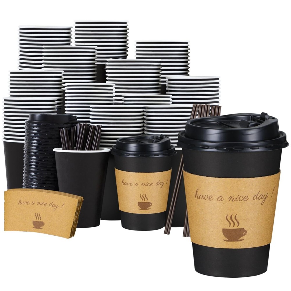 Lamosi 12 oz Coffee Cups with Lids 100 Pack, 12 oz Disposable Coffee Cup with Stir Sticks and Sleeves, To Go Hot Paper Cup for Home, Travel, Office