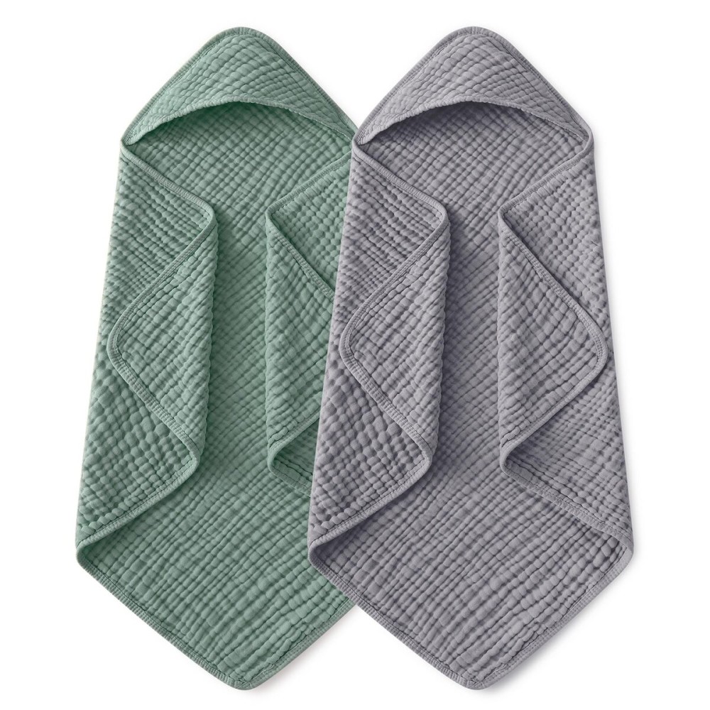 Yoofoss Hooded Baby Towels for Newborn 2 Pack 100% Muslin Organic Cotton Baby Bath Towel with Hood for Babies, Infant, Toddler and Kids,37.5x37.5,Soft and Absorbent Newborn Essential,Grey&Dark Green