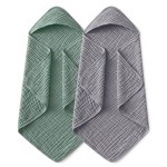 Yoofoss Hooded Baby Towels for Newborn 2 Pack 100% Muslin Organic Cotton Baby Bath Towel with Hood for Babies, Infant, Toddler and Kids,37.5x37.5,Soft and Absorbent Newborn Essential,Grey&Dark Green