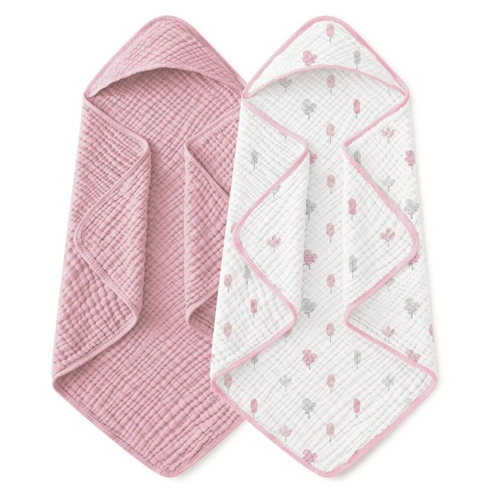 Yoofoss Hooded Baby Towels for Newborn 2 Pack 100% Muslin Organic Cotton Baby Bath Towel with Hood for Babies, Infant, Toddler and Kids,37.5x37.5, Soft and Absorbent Newborn Essential,Pink&WhiteLeaf