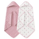 Yoofoss Hooded Baby Towels for Newborn 2 Pack 100% Muslin Organic Cotton Baby Bath Towel with Hood for Babies, Infant, Toddler and Kids,37.5x37.5, Soft and Absorbent Newborn Essential,Pink&WhiteLeaf