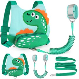 Accmor Toddlers Leash + Anti Lost Wrist Link, Baby Walking Harness Kids Safety Harness Cute Dinosaur Kids Walking Wristband Assistant Strap Belt for Boys (LightGreen)