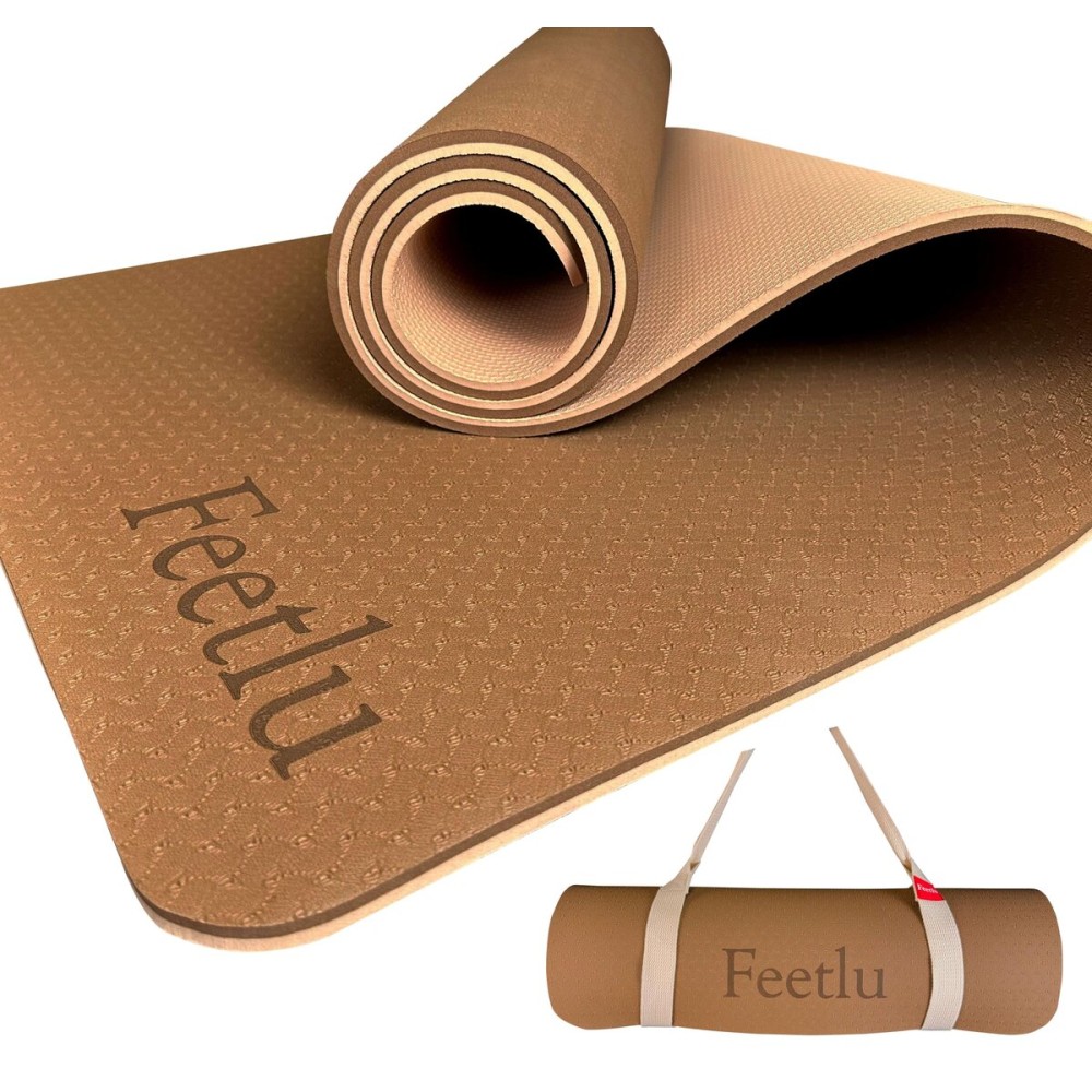 Feetlu Extra Thick Exercise Yoga Mat with Strap - 2/5 Inch (10MM), Non-Slip Workout Mat for Yoga, Pilates, and Floor Exercises(Coffee/Cream)