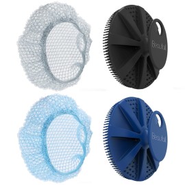 Silicone Body Scrubber & Scrub Nets, BEAUTAIL 4 Pack - Rich Foam and Exfoliation with Gentle Brush or Firmer Net Options - Hygienic, Durable, Easy to Clean - 2 Brushes (Black+Blue), 2 Nets (Gray+Blue)