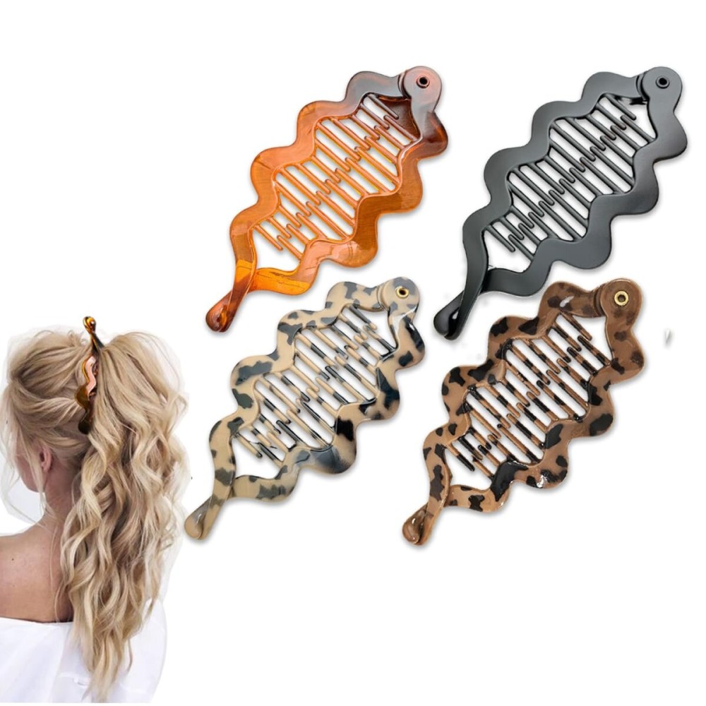 Aaiffey 4Pcs Banana Hair Clips,Vintage Ponytail Hair Clip Combs for Thick Curly Hair Fishtail Double Banana Clip Set for Women Girls