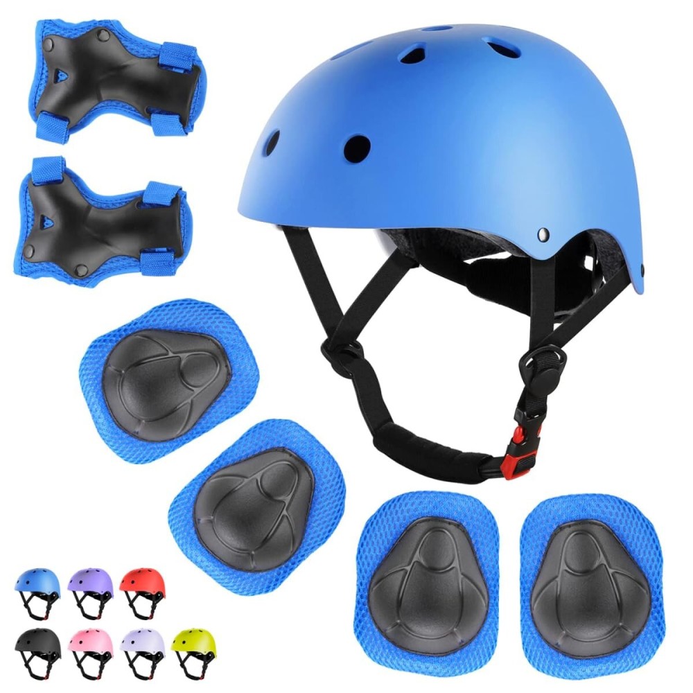 WayEee Kids Bike Helmet Set Skateboard Knee Pads, Helmet Pad Set Protective Gear Set Adjustable for Girls Kids 3-14 Helmet Elbow Pads Wrist Guards for Sport Cycling Bike Roller Skating Scooter, Blue