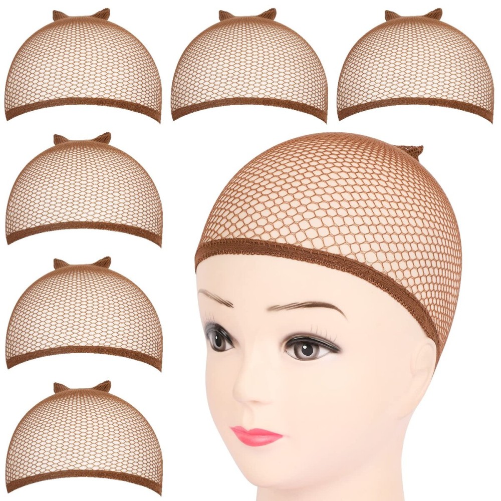 Fandamei Wig Cap, 6PCS Wig Caps for Women Kids Brown, Mesh Wig Cap Net, Closed End Hair Nets, Nylon Hair Net for Wigs for Halloween Rave Party Cosplay