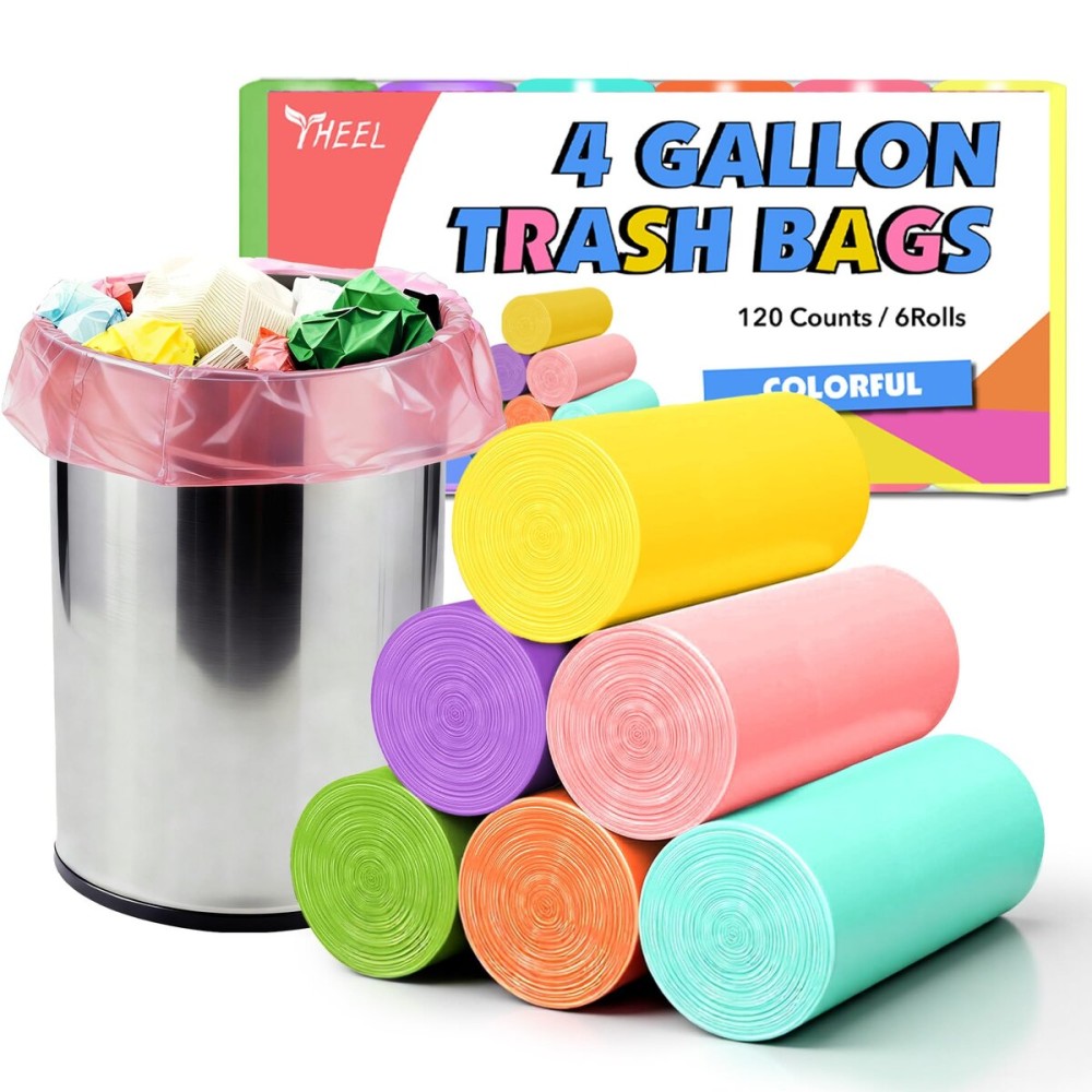 YHEEL Small Trash Bags 4 Gallon: Colored Bathroom Trash Bags Unscented Small Garbage Bags Strong Leak-Proof Trash Liners or Office Bedroom - 120 Counts