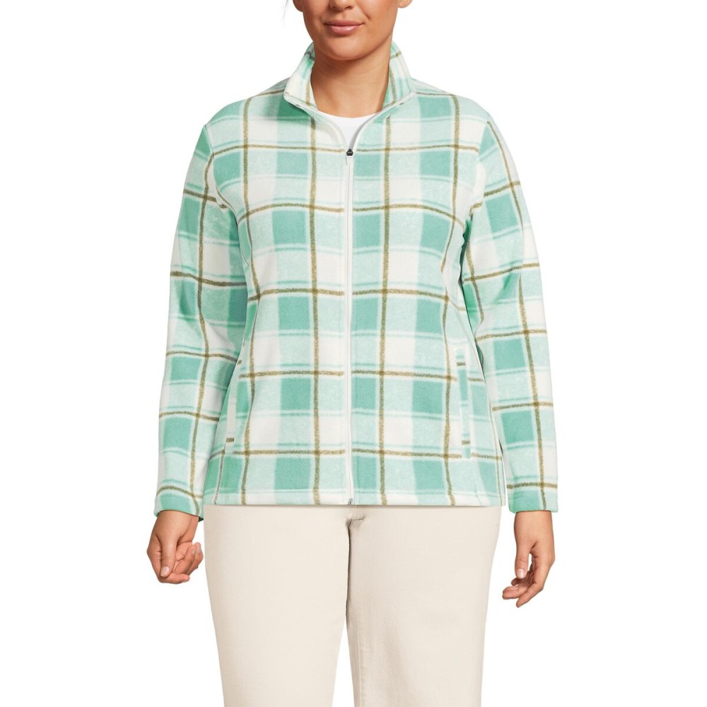 Lands\' End Womens Anyweather Full Zip Fleece Jacket Print Mint Sky Buff Check Regular X-Small