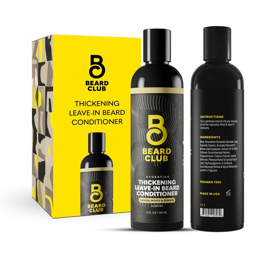 The Beard Club Thickening Leave-In Beard Conditioner for Men - Sandalwood & Ginger Cream - Hydrating Moisturizer, Softener & Lotion - Nourishes, Strengthens & Provides Itch Relief - 4oz
