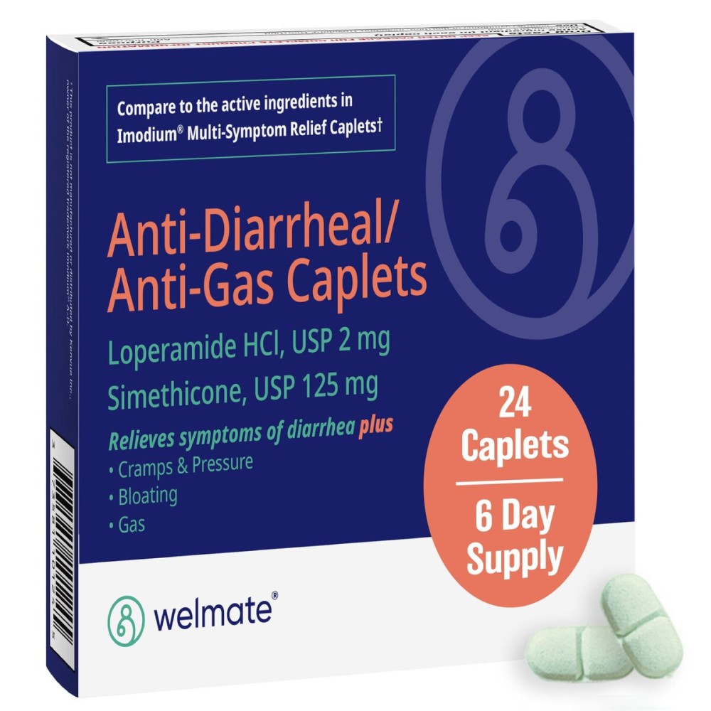 WELMATE - Anti-Diarrheal/Anti-Gas Caplets (24 Count) - Diarrhea, Gas, Bloating, Cramps - Loperamide HCl 2mg & Simethicone 125mg - OTC Medication