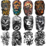 36 Sheets Temporary Tattoo for Men Women Adults, 12 Sheets Large Size Black 3D Half Sleeve Fake Tattoos, Halloween Scary Lion Wolf Tiger Panther Snake Skull Skeleton Tattoos Stickers Tattoos