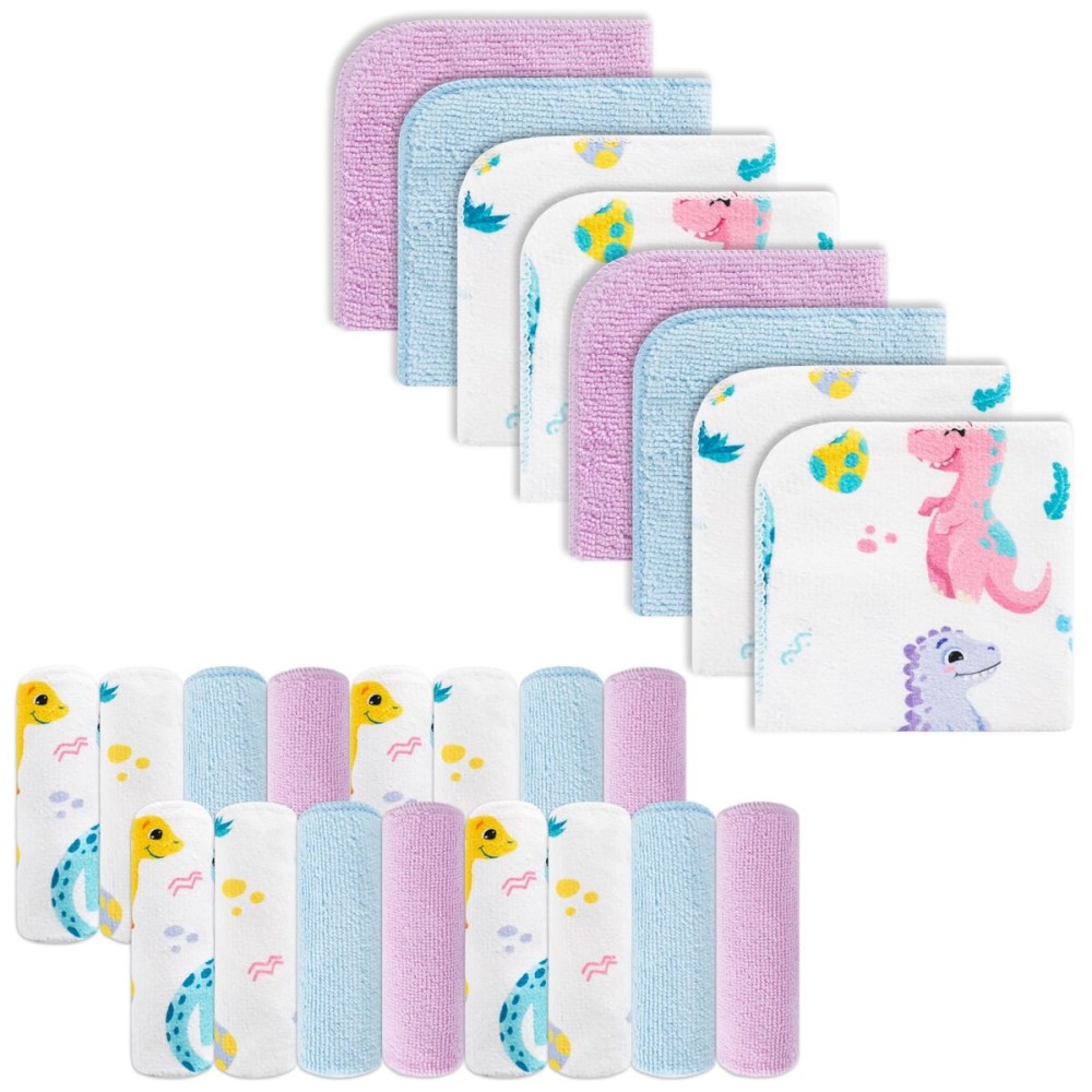 Baby Washcloths, 24Pack Baby Wash Cloths Extra Soft & Ultra Absorbent, Baby Towels and Washcloths Face Towels for Unisex Boys Girls Body, Washclothes Gentle on Sensitive Skin, 9x9 Purple Dinosaur