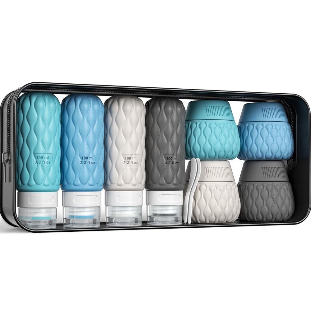 Lericttor Silicone Travel Bottles for Toiletries 8 Pack Travel Size Toiletries 3.4 oz 1.7 oz, Leakproof Squeeze Travel Size Containers Refillable Cosmetic Jars Set for Shampoo, Conditioner, Creams