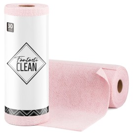 Fantasticlean Microfiber Cleaning Cloth Roll -30 Pack, Tear Away Microfiber Towels, 12 x 12, Reusable, Washable, Scratch Free, Ultra Absorbent Dishcloth for Car, Home Supplies, Pet, Kitchen (Pink)