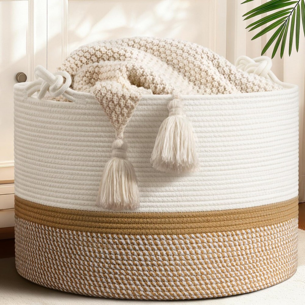 CherryNow 22x22x14 Large Blanket Basket, Home Dcor for Living Room Bedroom, Cotton Rope Laundry Basket for Clothes Pillows, Baby Fall Decorations for Home Toy Storage, White & Camel
