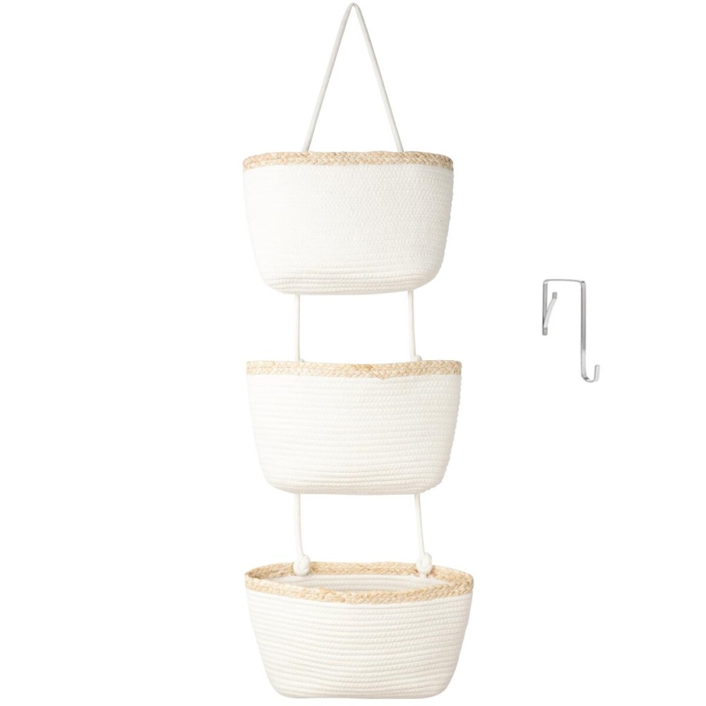 TeoKJ Over the Door Hanging Basket, 3-Tier Woven Cotton Wall-Mounted Storage Organizer Bag Decorative Hanging Nursery Baskets, White & Light Brown