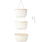 TeoKJ Over the Door Hanging Basket, 3-Tier Woven Cotton Wall-Mounted Storage Organizer Bag Decorative Hanging Nursery Baskets, White & Light Brown